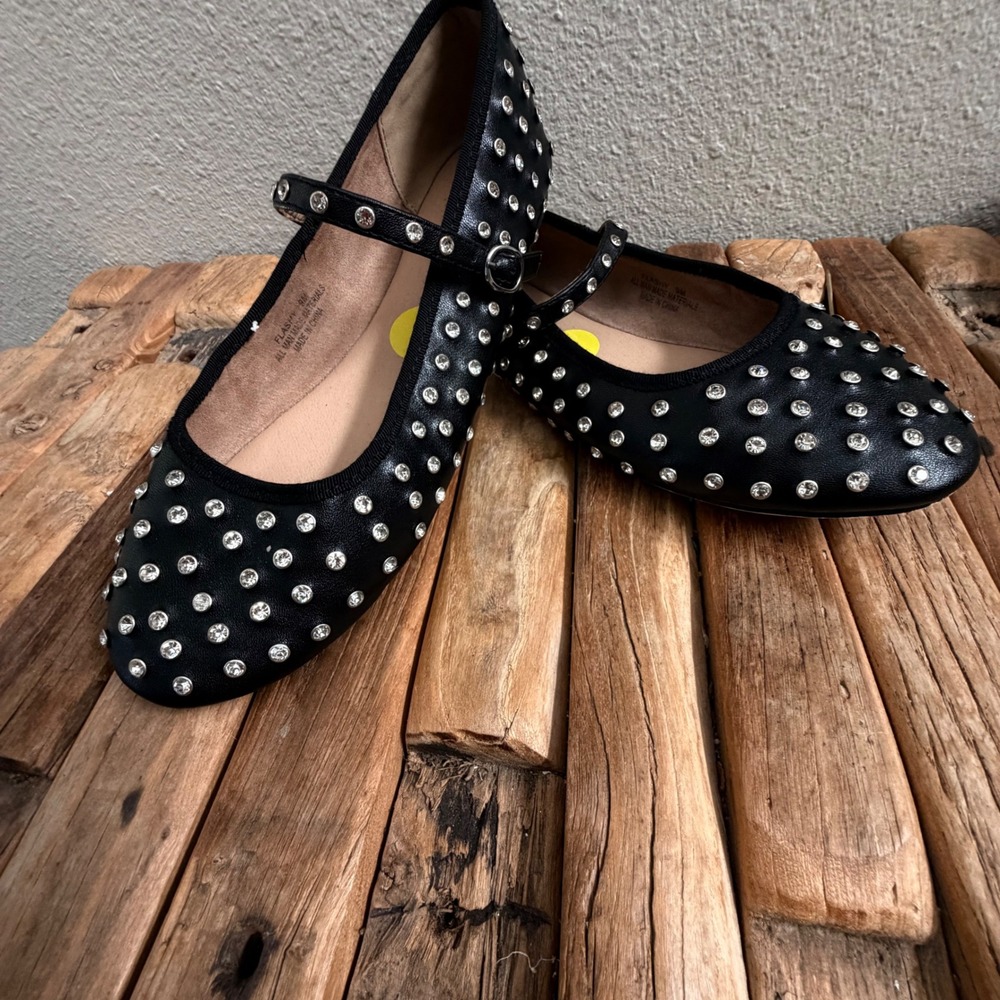 C. Wonder Flashy Mary Jane Flats Size 9 Black Rhinestone Studded Ballet Shoes